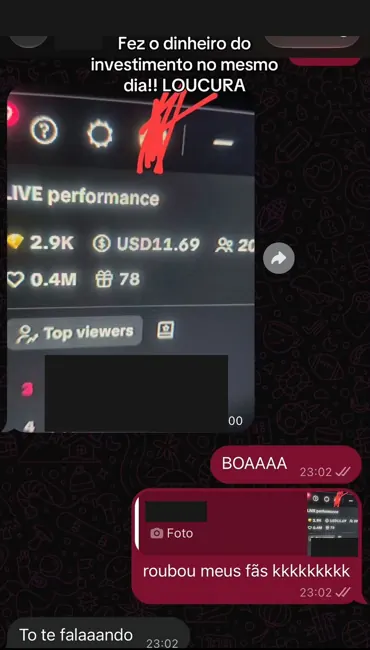 Print de desempenho da live enviado por cliente, com dados pessoais ocultados.